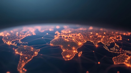 KI-generiertes Bild: Weltkarte mit leuchtenden Vernetzungslinien und Knotenpunkten
