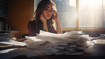 Frau sitzt vor einem Berg an Papieren in ihrem Büro, während die Sonne beim Fenster hereinscheint