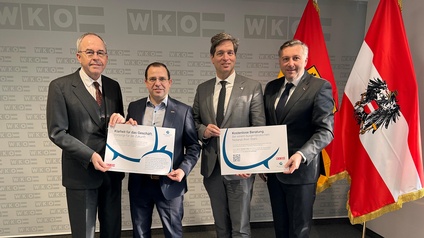 Christian Sonnweber (Geschäftsführer der Notariatskammer für Wien, Niederösterreich und Burgenland), Wirtschaftskammerpräsident Mst. Andreas Wirth, Alexander Winkler (Präsident der Notariatskammer für Wien, Niederösterreich und Burgenland) und Wirtschaftskammerdirektor Harald Schermann (v. l.) 