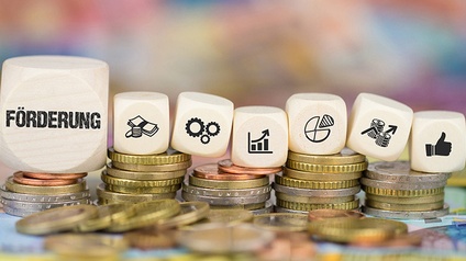 Würfel mit Schriftzug Förderung und unterschiedlichen Icons auf Münzen platziert