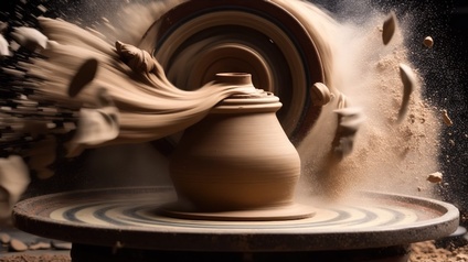 Töpferscheibe in Bewegung mit nassem Ton, der zu einer wunderschönen Vase oder Schüssel geformt wird, Konzept der Handarbeit, erstellt mit generativer KI-Technologie