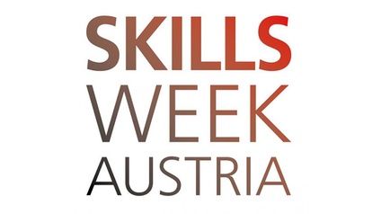 Schriftzug mit rotschwarzem Farbverlauf Skills Week Austria auf weißem Hintergrund