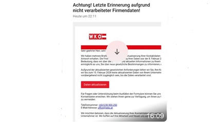 Betrügerische Phishing-Mails, deren Absender nicht die Wirtschaftskammer-Organisation ist.