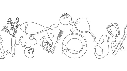 Verschiedene Lebensmittel  als schwarze Linie auf weißem Hintergrund 