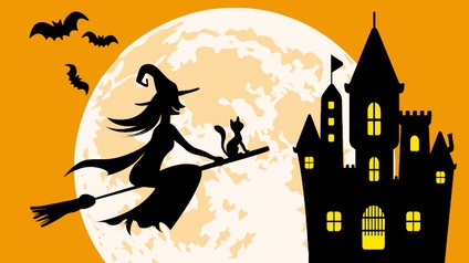 Illustration eines gelblichen Hintergrunds mit einem überdimensionalen Mond. Vor dem Mond ist eine Hexe auf einem fliegenden Besen. Rechts daneben ist der Umriss eines Schlosses. Links neben ihr sind die Umrisse von drei Fledermäusen