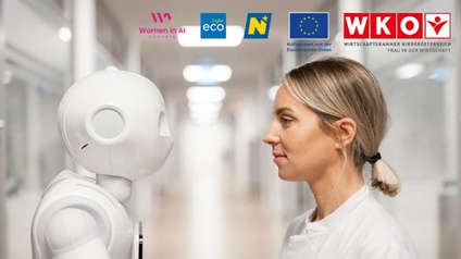 Person in hellem Arbeitsgewand steht einem weißen humanoiden Roboter gegenüber. Darüber sind die Logos von Women in AI Austria, Digital Eco, Land Niederösterreich, Europäische Union sowie WKNÖ Frau in der Wirtschaft eingeblendet.