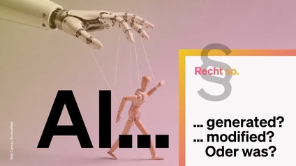 Roboterarm mit Marionette, Aufschrift AI.... Recht so. ...generated? ...modified? Oder was?