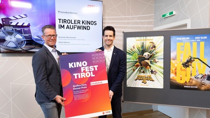 Alexander Wurzenrainer, Sprecher der Tiroler Kinos und Fabian Kathrein, Fachgruppengeschäftsführer der Kino-, Kultur- und Vergnügungsbetriebe bei der Jahresauftakt-PK der Tiroler Kinos.
