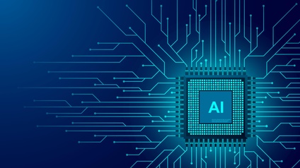Blaue Illustration einer Platine mit den Buchstaben AI von der Netzwerklinien verlaufen