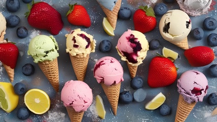 Verschiedene Waffeltüten mit Eiskugeln, dazwischen Zitronen, Erdbeeren, Schwarzbeeren und Zucker nebeneinander platziert