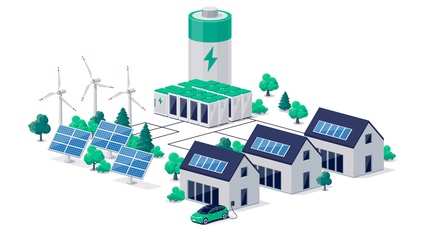 Häuser mit Photovoltaikanlagen, Windräder und Stromspeicheranlagen