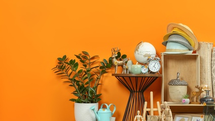 Viele verschiedene Gegenstände in der Nähe einer orangenen Wand. Secondhand.