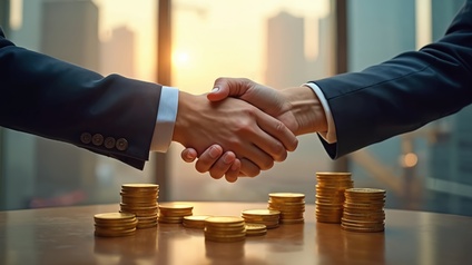 Zwei Geschäftsleute geben sich über Stapeln von Goldmünzen die Hand. Geschäftsabschluss.