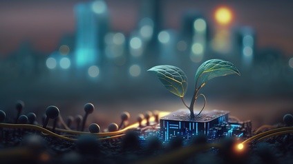 AI-generiertes Bild einer kleinen Pflanze, die aus leuchtender Computerplatine wächst