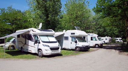Auf einer grünen Wiese parken viele Wohnmobile nebeneinander. Dazwischen stehen grüne Bäume. Der Himmel ist blau