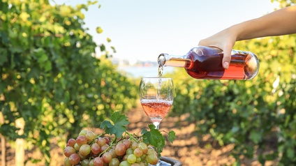 Hand gießt aus Glasflasche Rosewein in Weinglas, das auf Holzfass zwischen Weinreben steht, neben Weinglas Schopf Weintrauben drapiert