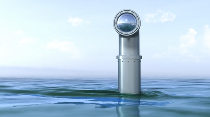 3D-Rendering eines Periskops, das aus Wasser auftaucht unter blauem Himmel mit Wolken