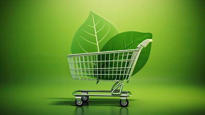 Ki-generiertes Bild eines grünen Hintergrunds, auf dem ein Einkaufswagen steht, in dem zwei grüne Blätter sind