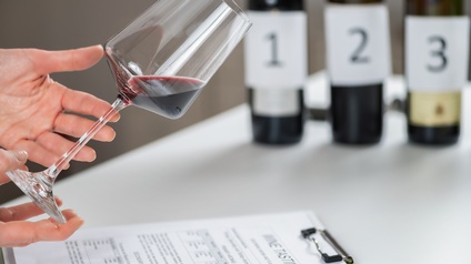 Zwei Hände halten schräg ein Weinglas am Stiel, gefüllt mit etwas Rotwein. Darunter befindet sich ein Clipboard mit Blättern Papier beschriftet mit Wine Tasting sowie Bewertungsnoten, im Hintergrund stehen weitere Flaschen nummeriert