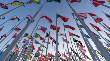 Aufnahme sehr vieler Metallstangen vor blauem Hintergrund. Auf jeder Stange hängt eine Flagge, die im Winde weht. Die Flaggen sind von unterschiedlichen Ländern weltweit, wie Syrien, Südafrika, Ghana und viele andere