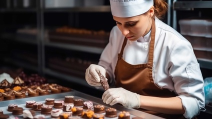Eine junge Konditorin verziert Pralinen