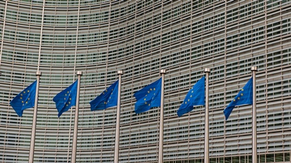 Sechs EU-Flaggen im Wind wehend, blaue Stoffe mit gelben im Kreis verlaufenden Sternen an Fahnenmasten, im Hintergrund Hausfassade mit Sonnenblenden