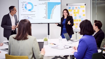 Zwei Personen stehen an einem Tisch, an dem andere Personen sitzen.  Sie präsentieren etwas. Im Raum ist eine Flipchart und ein Bildschirm. Auf dem Tisch sind Laptops, Magazine, ein Smartphone, Tassen, Gläser, eine Karaffe, Post-Its, eine Topfpflanze. 