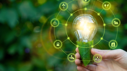 In der rechten Bildhälfte wird eine leuchtende Glühbirne von der rechten Hand einer Person gehalten. Um die Glühbirne sind verschiedene Symbole in einzelnen Kreisen gelegt, zum Beispiel eine Pflanze, Windräder, eine Solaranlage oder eine Steckdose