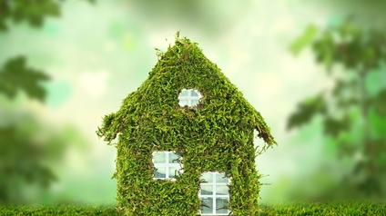 Modellhaus mit grünem Moos bewachsen steht auf einem Rasen im Hintergrund ragen grüne Blätter in der Unschärfe ins Bild