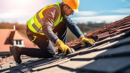 KI-generiertes Bild einer Person mit Helm und Sicherheitsweste, die auf dem Dach eines Hauses kniet. Das Dach besteht aus rötlichen und schwarzen Teilen. Die Person trägt Handschuhe und blickt auf das Dach