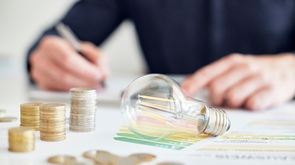Detailaufnahme eines Tisches, auf dem eine liegende Glühbirne, gestapelte Euro-Münzen und ein Label zu Energieeffizienzen liegen. Im Hintergrund sitzt eine Person, die in der rechten Hand einen Stift hält