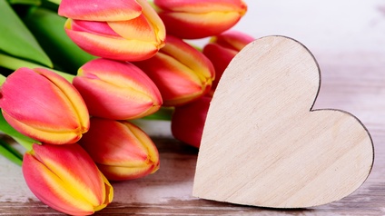 Rot-gelbe Tulpen liegen neben einem Herz aus Holz auf einem hölzernen Untergrund
