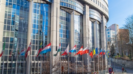 Vor einem Gebäude der europäischen Union in Brüssel sind an Fahnenstangen die Flaggen verschiedener Länder angebracht