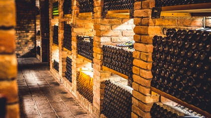 In einem Keller sieht man Regale mit schwarzen Flaschen, die in Reihen geschlichtet sind, Der Weinkeller hat Fließen, die Regale sind aus Stein gemauert und bestehen aus Ziegeln. Helle Lichtstimmung, in der die dunklen Flaschen reflektieren.