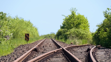 Zwei Gleise nebeneinander, die zu einem Gleis zusammengeführt werden. Rundherum sind grüne Büsche und eine grüne Wiese