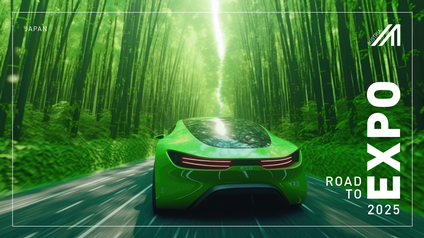 Grünes futuristisches Auto fährt auf einer Straße in einem Wald entlang, KI generiert