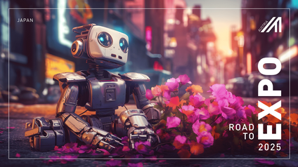 Roboter sitzt auf einer Straße mit Blumen, im Hintergrund zeigt sich in der Unschärfe eine Straße mit Leuchtreklamen