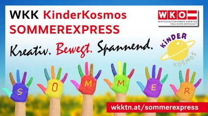 Eine Grafik mit Kinderhänden, die bunte Farbe an den Handflächen und Fingern haben.