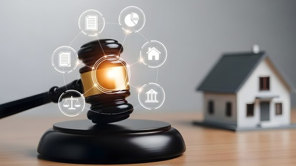 Symbol für Hausordnung: Richterhammer auf einem Tisch, daneben ein Modellhaus. Um den Hammer sind digitale Symbole zu Recht, Finanzen und Immobilien eingeblendet.