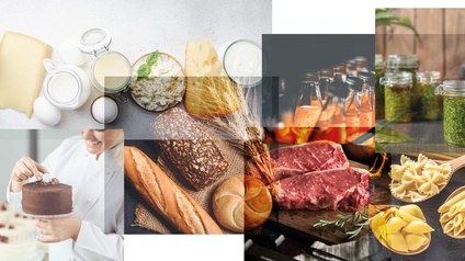 Collage mit unterschiedlichen Motiven des Lebensmittelgewerbes