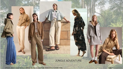Mode-Collage mit mehreren ganzkörper- und halbnahen Outfits im Stil von „Jungle Adventure“. Verschiedene Kombinationen aus Naturtönen, weiten Silhouetten, leichten Stoffen und Outdoor-inspirierten Designs vor einem tropischen Hintergrund.