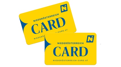 Zwei gelbe Niederösterreich-CARDs mit blauem Schriftzug und dem blau-weißen Niederösterreich‑Logo in der Ecke.