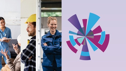 Keyvisual Arbeitskräfteradar, Collage verschiedener Menschen im Job auf lila Hintergrund