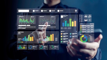 Ein Dashboard-Infografiken mit Verlaufs- und Balkendiagrammen statistischer Daten und Kennzahlen