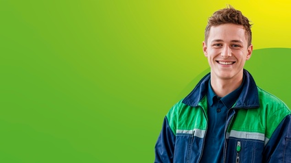 Person in blau-grüner Arbeitskleidung vor grün-gelbem Hintergrund