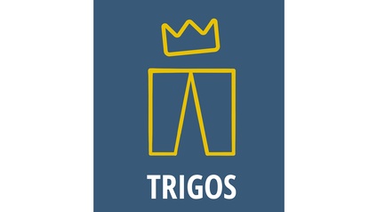 Trigos-Logo: Illustration einer gelben Krone über verschieden schenkeligen gelben Rechtecken, darunter weißer Schriftzug Trigos, alles auf blauem Hintergrund