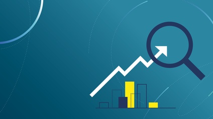 Abstrakte Grafik auf blauem Hintergrund: Eine weiße, gezackte Linie zeigt nach oben und endet  in einer großen Lupe, darunter mehrere Balken in unterschiedlichen Höhen. Die Darstellung ist  ein Symbol für Wachstum und steigende Zahlen.