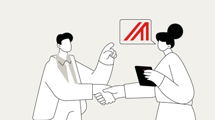 Illustration von zwei Personen, die sich die Hand geben, eine Person hält zudem ein Tablet in der Hand und spricht über die Außenwirtschaft symbolisch mit rotem grafischen Logo in Form des Buchstabens A, die andere Person zeigt mit der Hand darauf