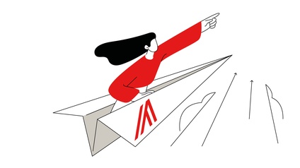 Illustration einer Person mit langen dunklen Haaren und rotem Shirt, die mit einem Papierflieger, der mit dem grafisch rotem Logo der Außenwirtschaft versehen ist, hoch hinausfliegt und dabei die Hand zielgerichtet nach vorne streckt