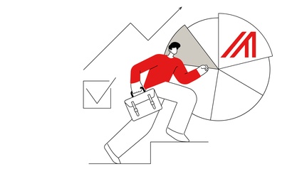 Illustration einer Person in rotem Pullover mit Aktentasche, die Stufen hinaufeilt, dahinter zeigt sich ein Pfeil, der nach oben geht sowie ein Tortendiagramm mit dem rot-weißen grafischen Logo der Außenwirtschaft mit dem Buchstaben A